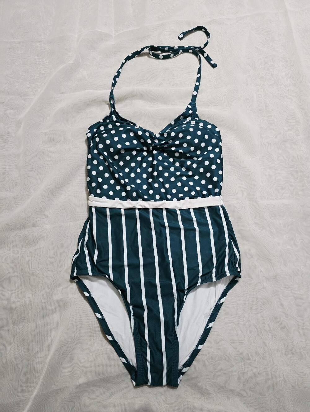 Modcloth Green White Vintage Style Halter Swim Suit Bathing Suit Pinup